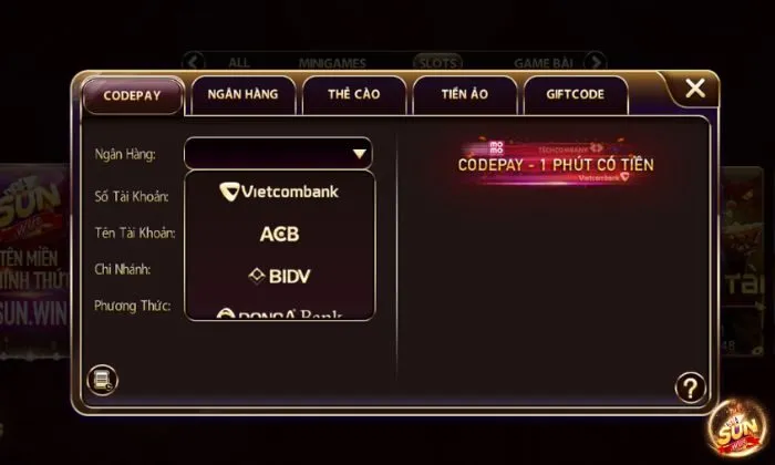 Nạp tiền Sunwin Hướng dẫn nạp tiền vào Sunwin qua CodePay chi tiết