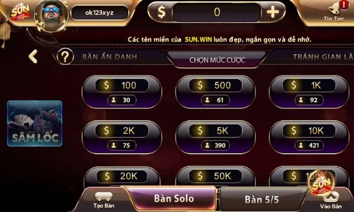 Giao diện bàn chơi Sâm Lốc Sunwin solo